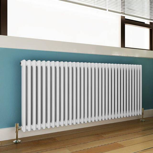 Elegant - 600 x 1484 mm White Horizontal Column Designer Radiator Double Panel Radiator Heater 2 Column + White Thermostatic Radiator Valves