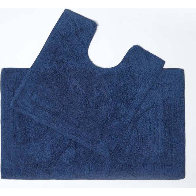 Homescapes Luxury Reversible Navy Blue 100% Cotton Pedestal and Bath Mat Set, Machine Washable, Super Absorbent, Soft and Hand-Tufted, Eco Friendly