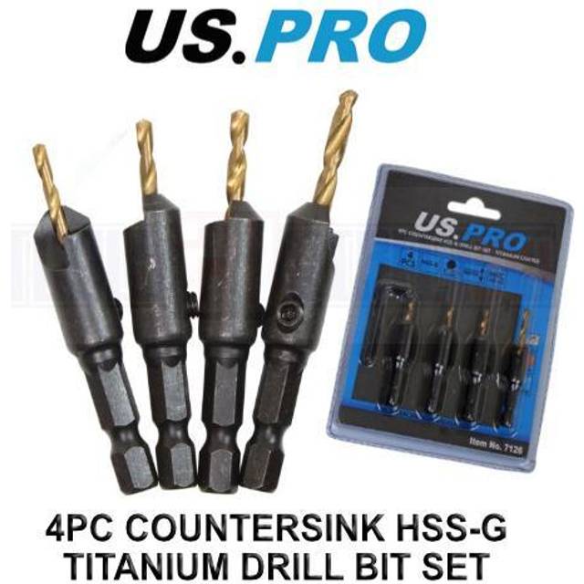 US PRO Tools 4pc Drill and Countersink Bit Set Quick Change HSS-G Titanium Coated 7126