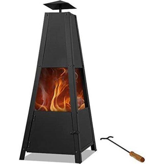 Pyramid Fire Pit Smoke Outlet Garden Patio Heater with Lockable Door Firm Stand Wood Charcoal Fire Basket Chimenea with Poker 102cm / 40" 5kg Black