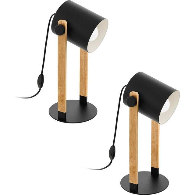 2 PACK Table Lamp Desk Light Black & Creme Shade Wood Base 1x 28W E27