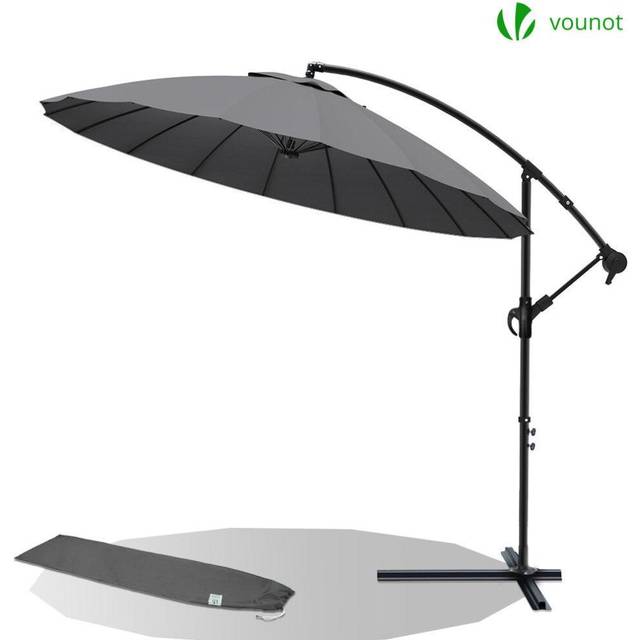 VOUNOT 300 cm runt fribärande paraply, Shanghai parasoll med vevmekanism, vevparaply med skyddskåpa, solskydd UV-skydd, trädgårdsparaply marknadsparaply, grå, rostfritt stål, aluminium, legerat stål