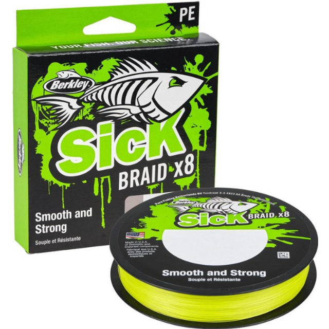 Berkley Sick Flaid – 8 strängar flätad fiskelina, superslät 8 bärare multifilament PE fläta rovdjur fiskelina 150/300 m för sötvatten och saltvatten havsfiske, unisex, Hi-Viz gul