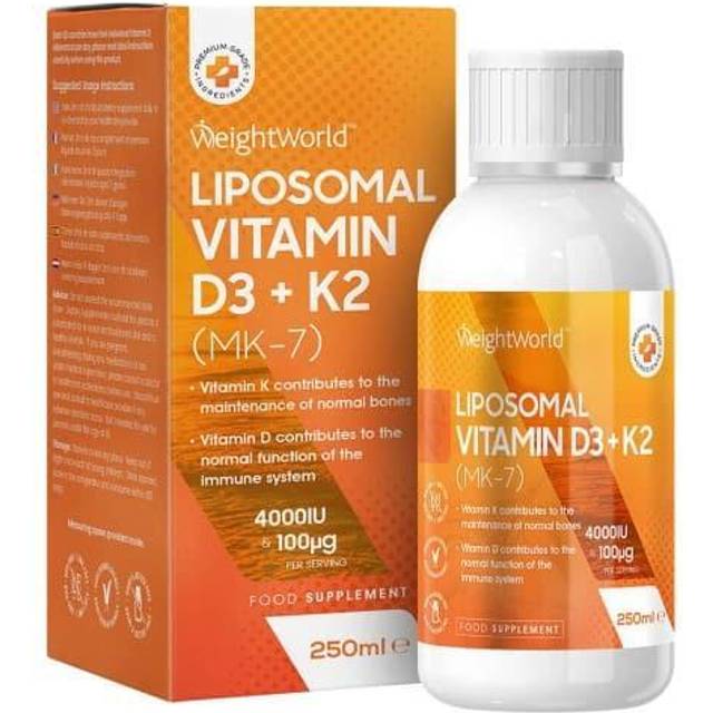 Liposomal vitamin D3 K2 vätska - 2000IE vitamin D3 + 75µg vitamin K2-250ml för 50 dagars förbrukning - Alternativ till vitamin D kapslar och tabletter - Vegan & MK-7 - WeightWorld.
