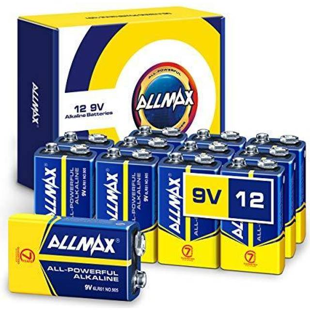 Allmax 9V Maximum Power Alkaline Batteries (12 Count) â Ultra Long-Lasting, 7-Year Shelf Life, Leakproof Design â Perfect for Smoke Detectors &