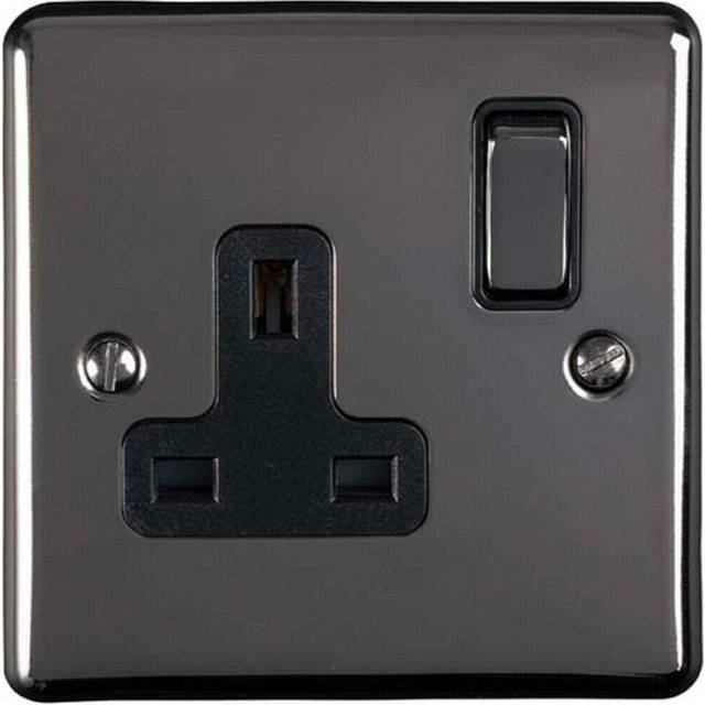 1 Gang Single UK Plug Socket BLACK NICKEL 13A Switched Mains Wall Power Outlet