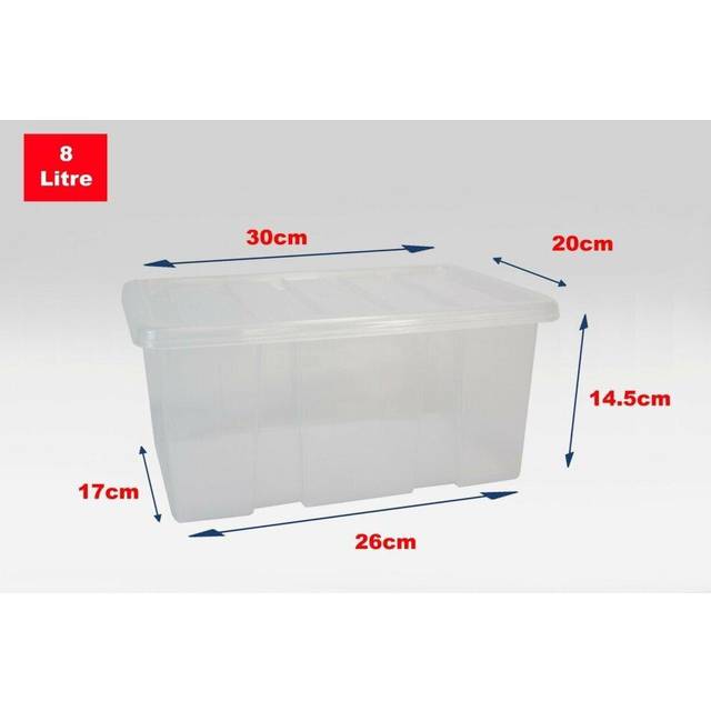 (Set of 3, 8 Litre) Clear Plastic Storage Boxes With Black Lids Home