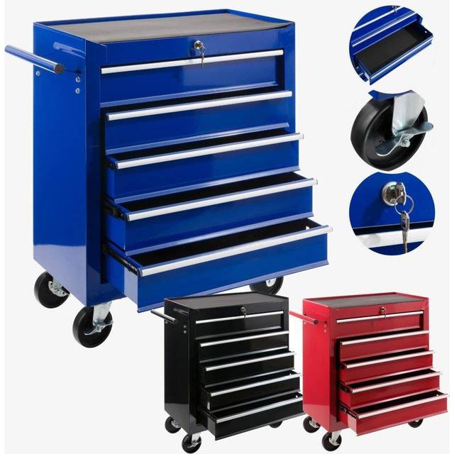 AREBOS 5-Drawer Tool Cabinet Garage Tool Chest with Wheels Workshop Tool Storage Lockable Blue