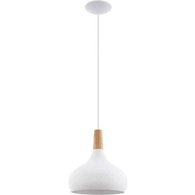 Pendant Ceiling Light Colour White Steel Shade Brown Wood Bulb E27 1x60W