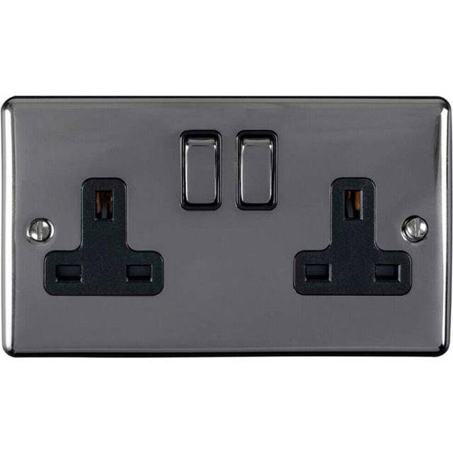2 Gang Double UK Plug Socket BLACK NICKEL 13A Switched Mains Wall Power Outlet