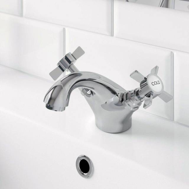 Traditional Bathroom Mono Basin Sink Mixer Tap Brass Chrome Crosshead Handles