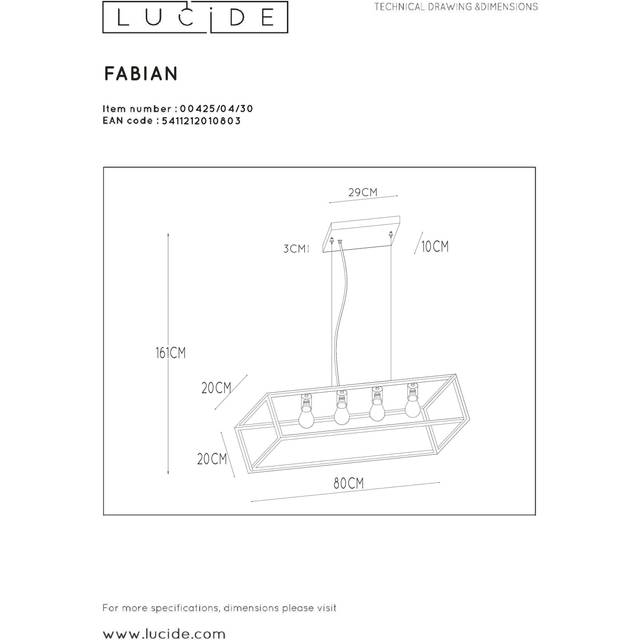 Lucide Fabian Modern Bar Pendant Light - 4Xe27 - Black, Black