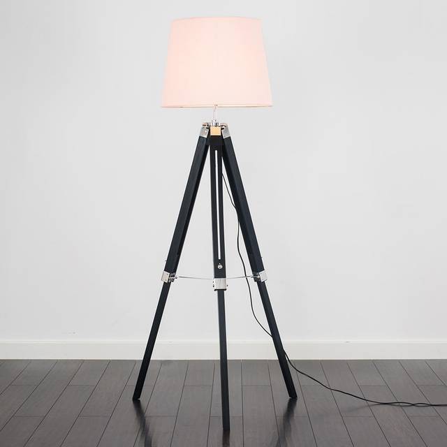 Modern Black Wood and Silver Chrome Tripod Floor Lamp with a Pink Tapered Light Shade