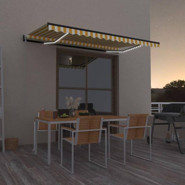 Automatisk markis med vindsensor & LED 450x350 cm gul/vit