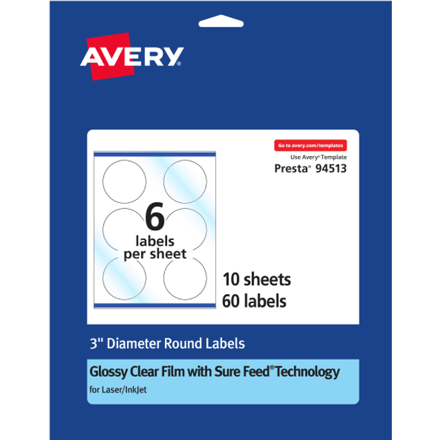 "Avery Glossy Clear Round Labels with Sure Feed  3"""""""" Diameter  60 Glossy Clear Labels  Print-to-The-Edge  Laser/Inkjet Printable Labels"