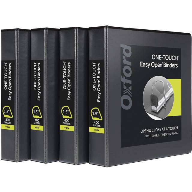 Oxford 3 Ring Binders  1.5 Inch ONE-Touch Easy Open D Rings  View Binder Covers on 3 Sides  Durable Hinge  Non-Stick  PVC-Free  Black  4 Pack 79905