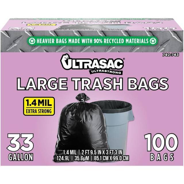 "Ultrasac 33 Gallon Trash Bags - (Huge 100 Pack/w Ties) - 39"""""""" x 33"""""""" Heavy Duty Large Professional Quality Black Garbage Bags - Extra Strong Plas"