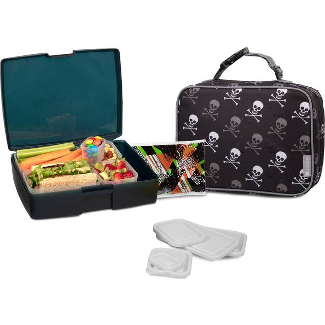 entology Lunch Bag and Box Set for Kids - Boys Insulated Lunchbox Tote  Bento Box  5 Containers and Ice Pack - 9 Pieces - Pirate Skulls