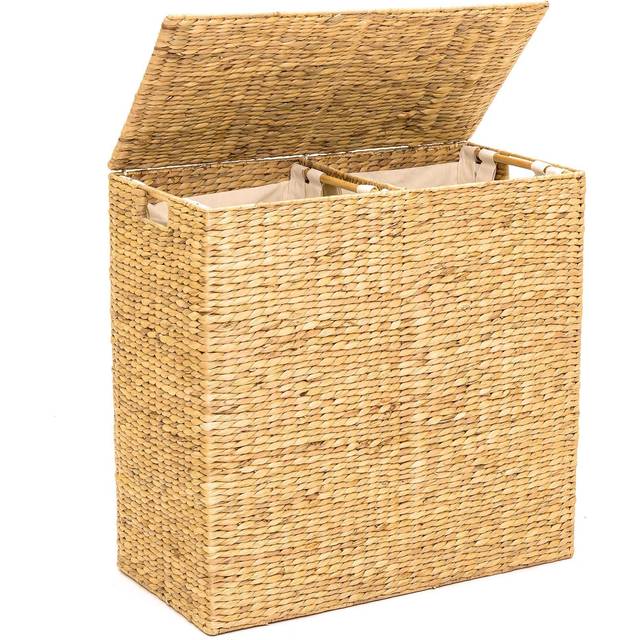 Best Choice Products Large Double Laundry Hamper with Lid  Natural Handwoven Water Hyacinth  2 Sections w/ 2 Machine Washable Linen Liner Bags  Portab