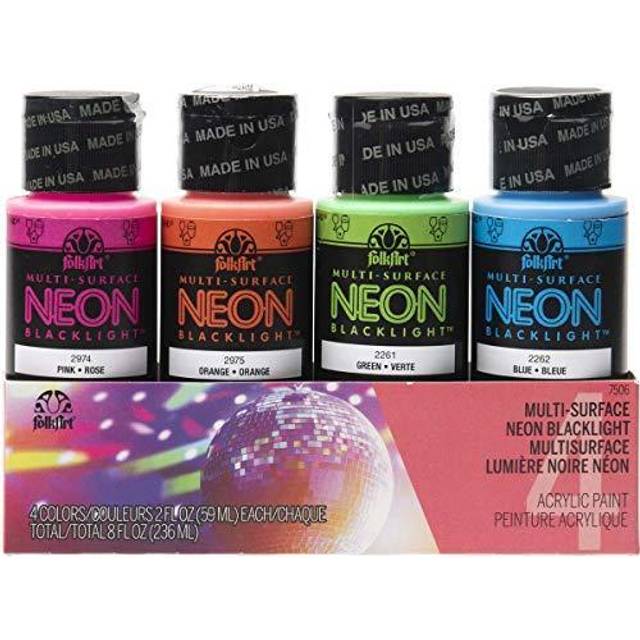 FolkArt 4 Bottle MultiSurface Acrylic Paint Set  2oz  Neon Blacklight Colors