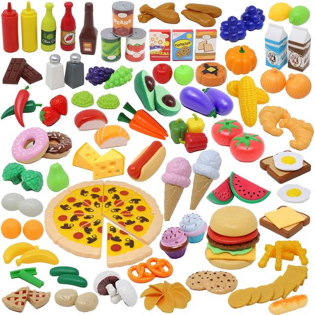 135 Pcs Pretend Play Food Set, Cutting Fruit and Vegetables Toy for Children, Play Kitchen Set For Market Educational Play