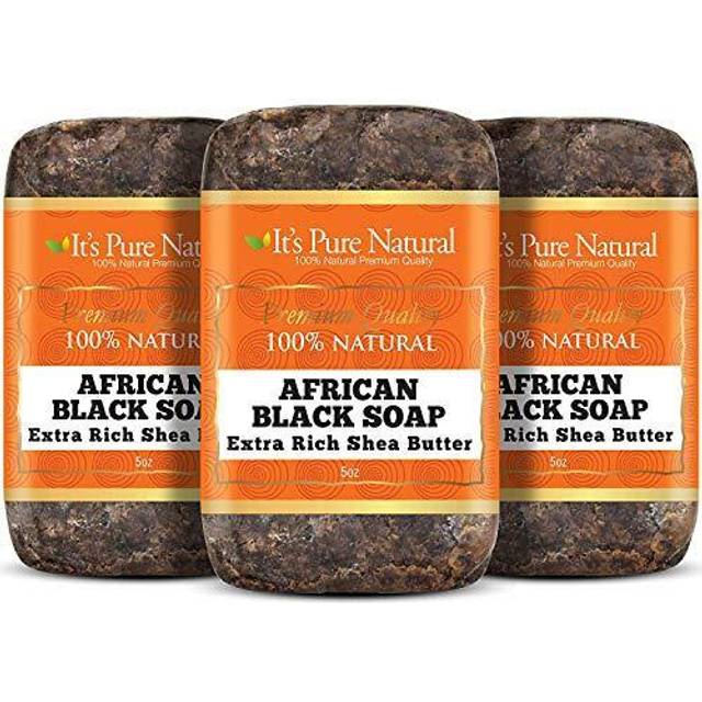 It's Pure Natural African Black Soap Bars with Extra Rich Shea Butter (Pack of 3) Organic Raw Soap for Face & Body  Acne Treatment & Dark Spot Remover