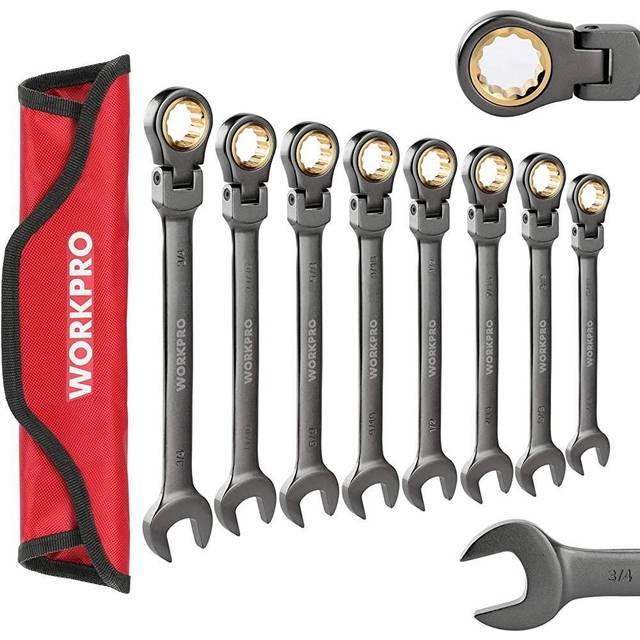 WORKPRO 8-piece Flex-Head Ratcheting Combination Wrench Set  SAE 5/16-3/4 in  72-Teeth  CR-V Constructed  Nickel Plating with Organizer Bag