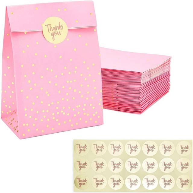 Pink Gift Bag Party Favour Bags with Gold Stickers (5.15 x 8.6 in 36 Pack)