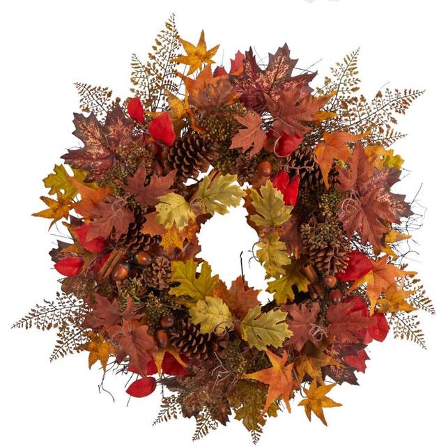 30 Autumn Maple Leaves  Acorn  Pinecones and Cinnamon Sticks Artificial Fall Wreath