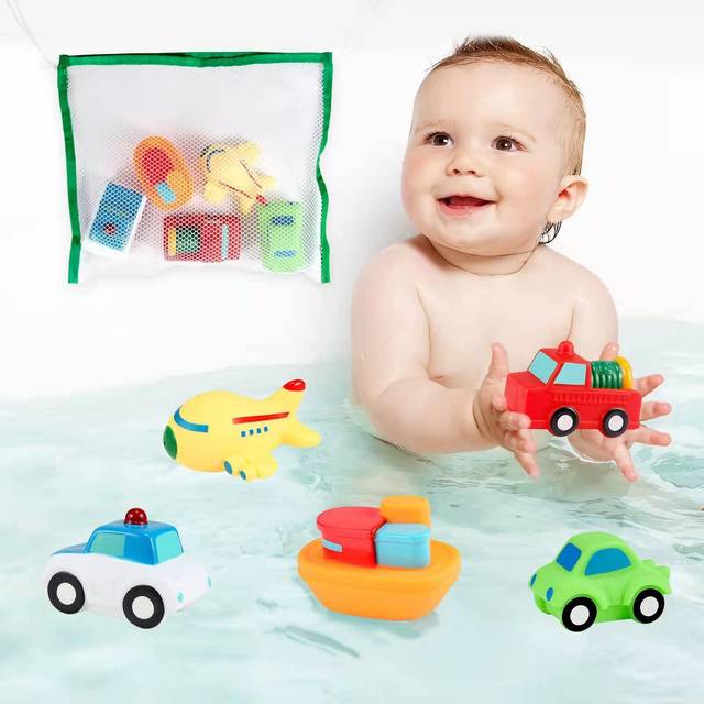 Toddler Bath Toys Bathtub Toy - Kids Floating Water Spray Toy Fun Bathtime with Boat  Plice Car Fire Truck and Plane Plastic Toy for Baby Boys and Gir