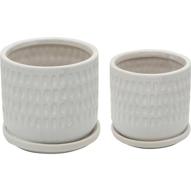 Ceramic Planter with Saucer and Hammered Design  Set of 2  White