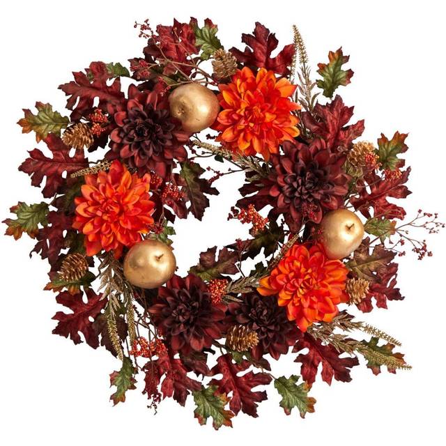 Nearly Natural 24In Fall Dahlia, Apple, Oak Leaf & Berries Artificial Wreath