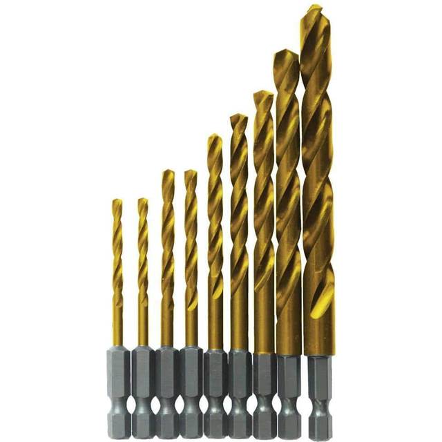 TI9IM 9-Piece Assorted Set Titanium Nitride Coated Metal Drill Bits with Included Case Impact Tough with Impact-Rated Hex Shank Ideal for Heavy-Gauge