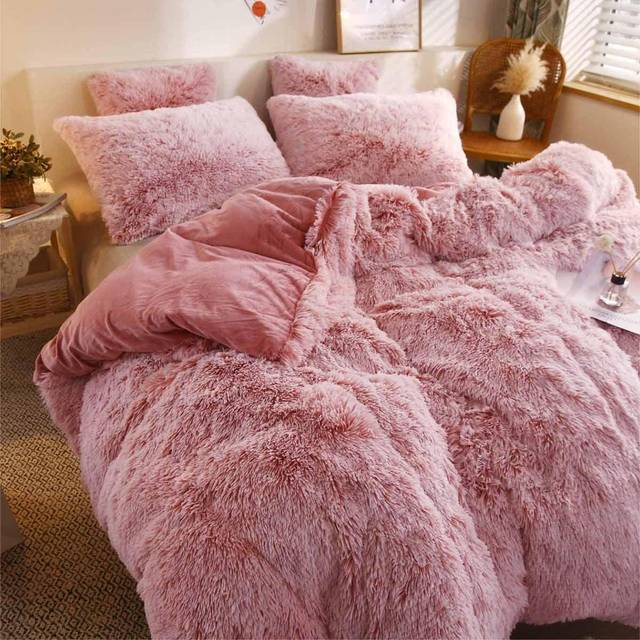 Groundlevel - Luxury Faux Fur Shaggy Duvet Set - Pink King