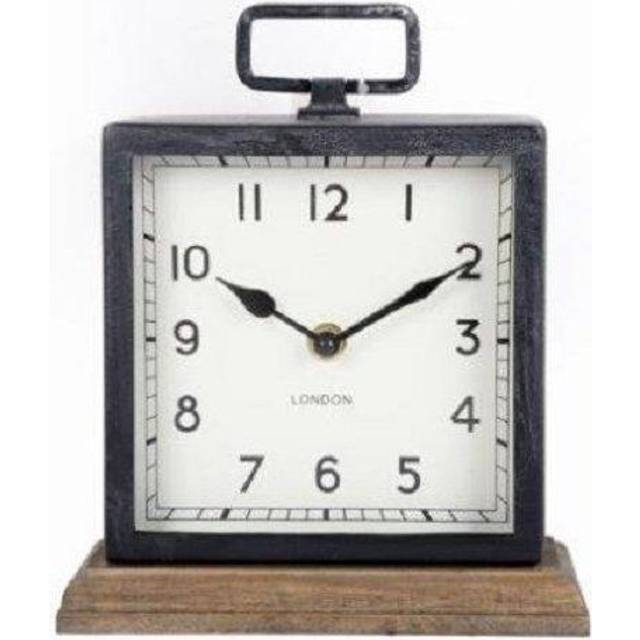 Distressed square black metal clock on wood base