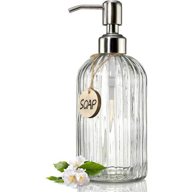 Jasai Transparent flytande tvåldispenser i glas med påfyllningsbar pump i rostfritt stål för badrum, kök, transparent 532 ml