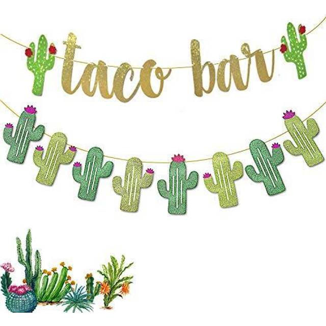 2 Set Fiesta Taco Bar cactus Banner garland  gold green glittery Fiest