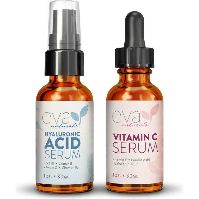 Eva Naturals Hydrate and Brighten Skincare Bundle - Includes Hyaluronic Acid Serum and 20% Vitamin C Serum - Restores Lost Moisture, Plumps Skin while