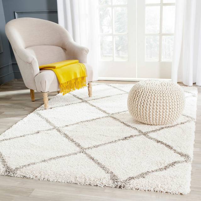 Hudson Looped/Hooked Ivory/Grey Rug (Rectangle 61 x 91cm/Plush 4.5cm)