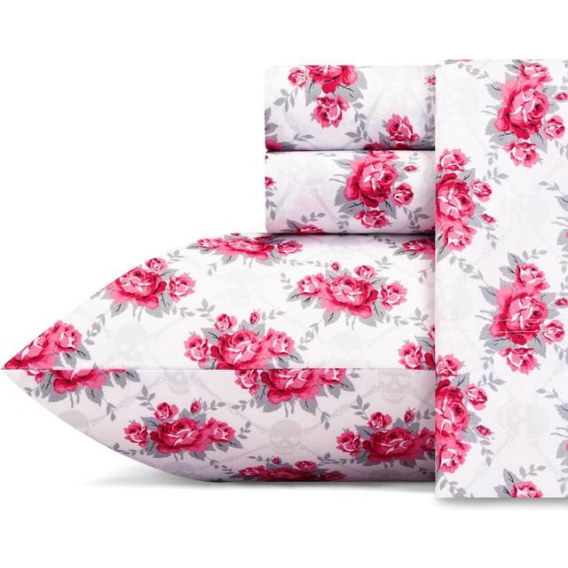 Betsey Johnson  King Sheets  Soft  Lightweight Bedding  Fade  Wrinkle Resistant Skull Rose Trellis  King