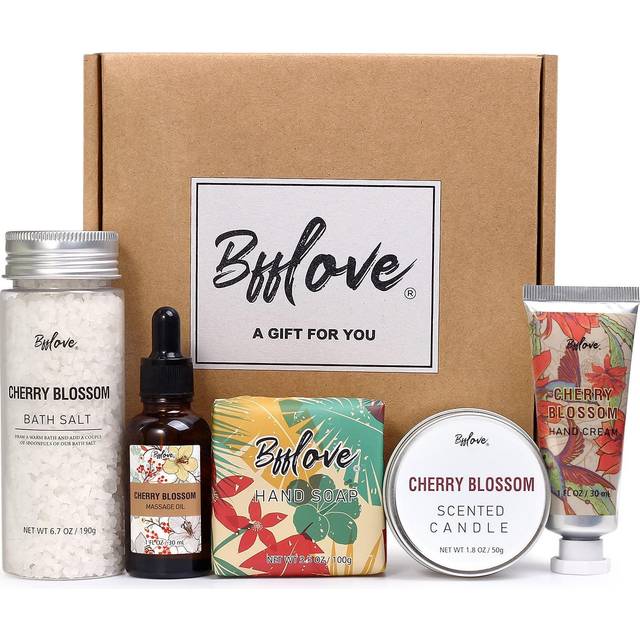 BFFLOVE Bath and Body Set, SPA Gift Box for Women, Bath Gift Sets with Cherry Blossom, 5pc Womens Gift Sets Include Bath Salt, Hand Cream, Bar,