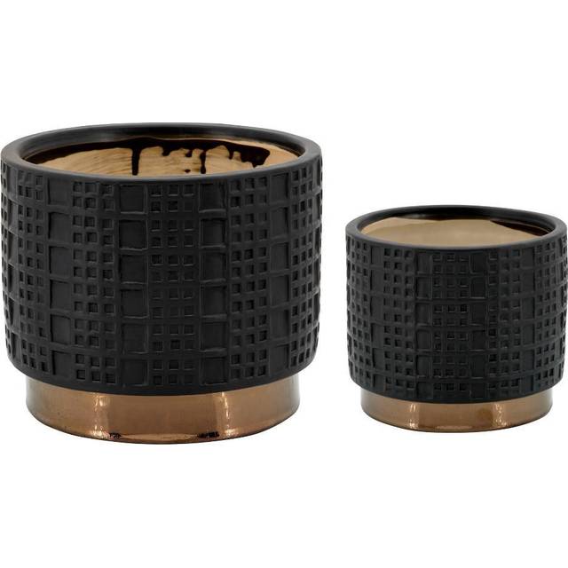 "Set of Two 5""""H 6"""" Diameter/7""""H 8"""" Diameter Watertight Black Raised Mesh Patterned Planter with Gold Finish Base for Living Room  Bedroom  or Offic"