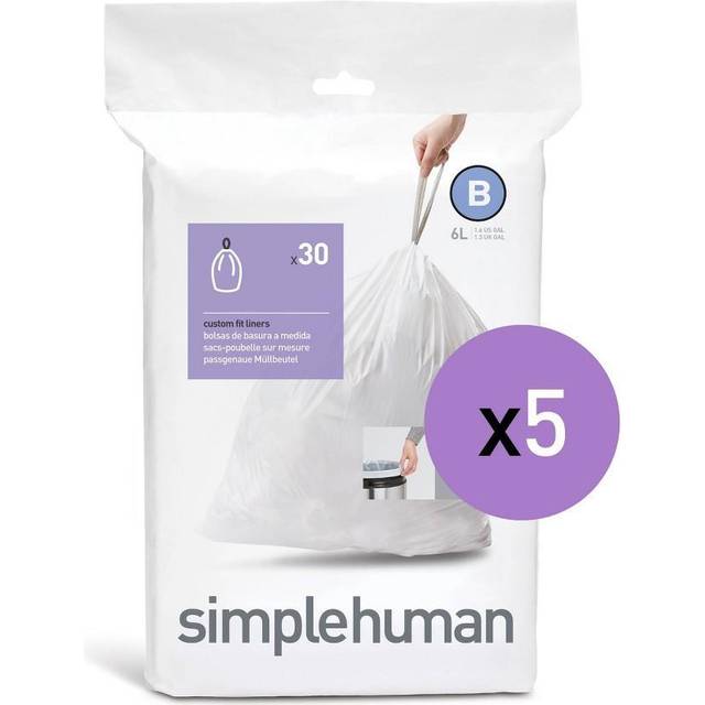 simplehuman Code B 150 Count  Genuine Custom Fit Liners  Drawstring Trash Bags in Dispenser Packs  6 Liter / 1.6 Gallon  White