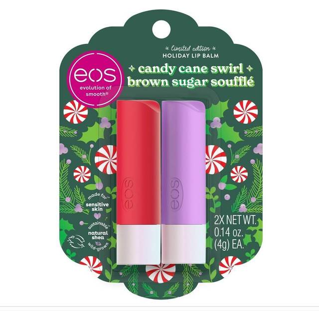 EOS Limited Edition Holiday Lip Balm Sticks- Candy Cane Swirl and Brown Sugar Souffl?  All-Day Moisture  Made for Sensitive Skin  0.14 oz  2-Pack  Cle