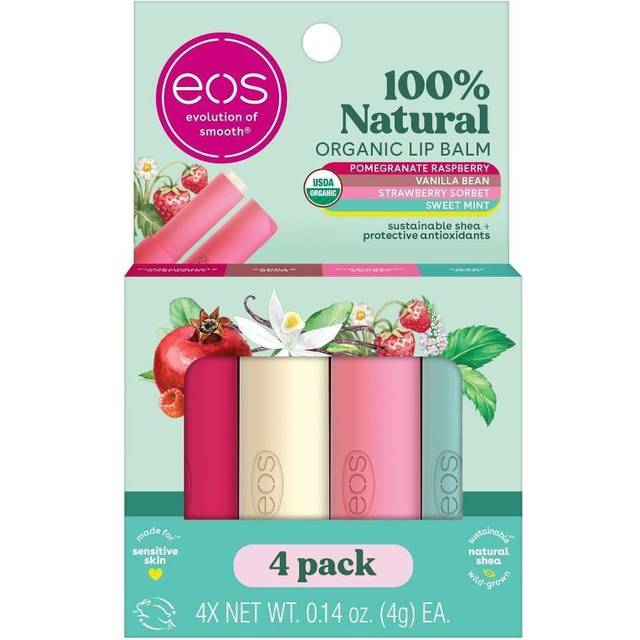 eos 100% Natural & Organic Lip Balm Sticks- Strawberry Sorbet  Vanilla Bean  Sweet Mint & Pomegranate Raspberry  Lip Care Products  0.14 oz  4-Pack