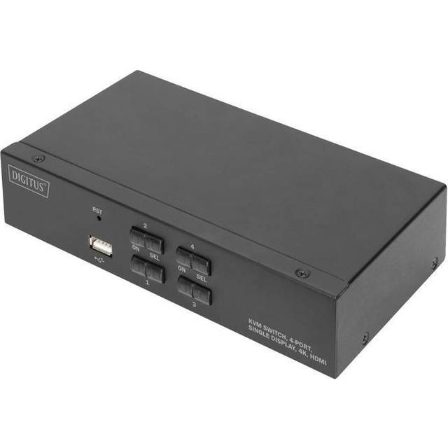 DIGITUS KVM Switch HDMI – 4 portar med enkel bildskärm – 4 datorer 1 bildskärm – 1x mus, tangentbord och ljud för 4 datorer – UHD 4K@30Hz (3840 x 2160p) – Hot-Key KVM Switch – 1x USB 2.0 Hub – Svart