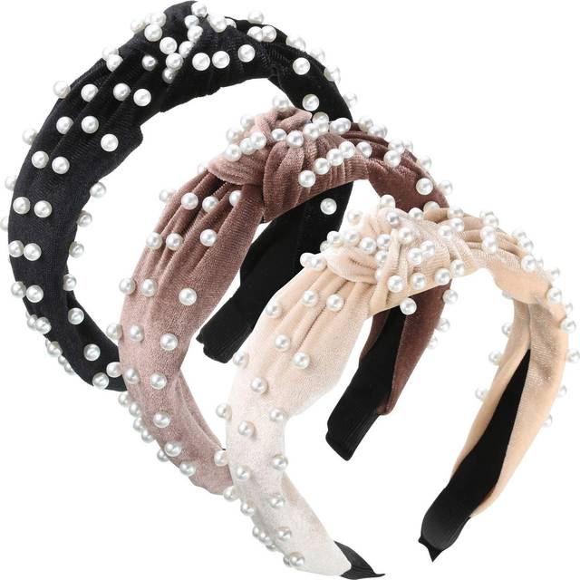 WILLBOND 3 Pieces Pearls Headband Knotted Headband for Women Velvet Pearls Headband for Girl Woman Hair Accessories (Beige  Pale Mauve  Blac