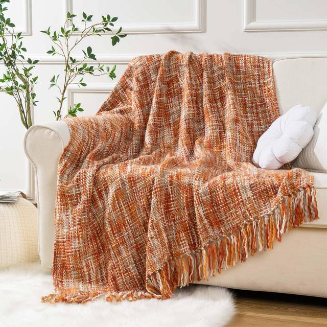 HOME Burnt Orange Throw Bohemian Style Knitted Blanket with Fringe, Couch Cover Nap Throws for Sofas Chair Couch Bed, Soft Warm Cozy for Spring Summer
