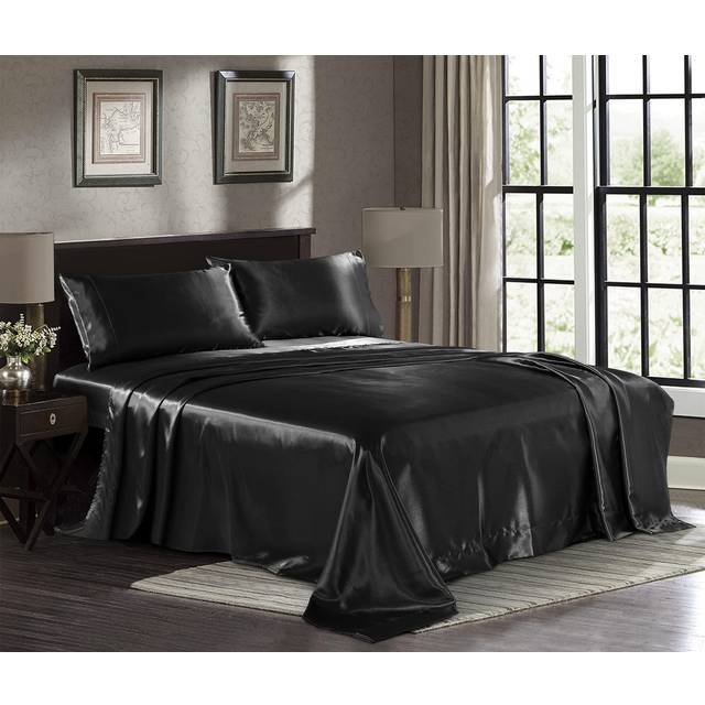 Satin Sheets King [4-Piece  Black] Hotel Luxury Silky Bed Sheets - Extra Soft 1800 Microfiber Sheet Set  Wrinkle  Fade  Stain Resistant - Deep Pocket