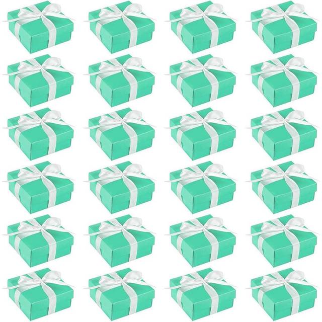 BLUE PANDA 24 Pack Small Teal Gift Boxes with Lids and Silk Ribbon for Presents and Party Favors (3.7 x 3.7 x 1.6 in)
